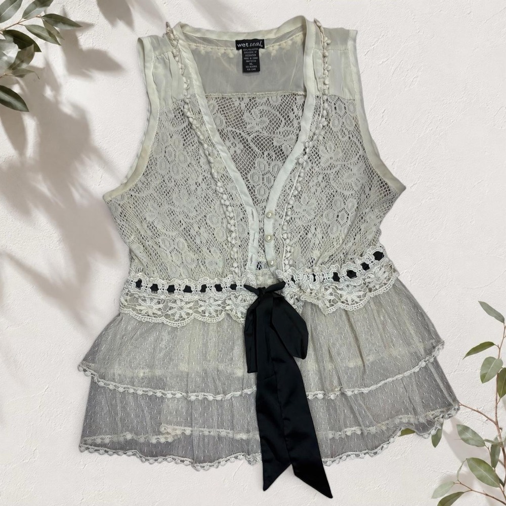 Wet Seal Y2K White Lace Fairycore Blouse Ruffle Crochet Bow XL Fits XS S